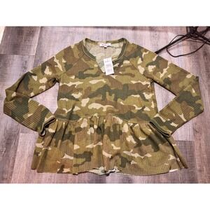 William Rast Womens Camo Waffle Knit Peplum Top Green Bobbi Bricka Medium NWT